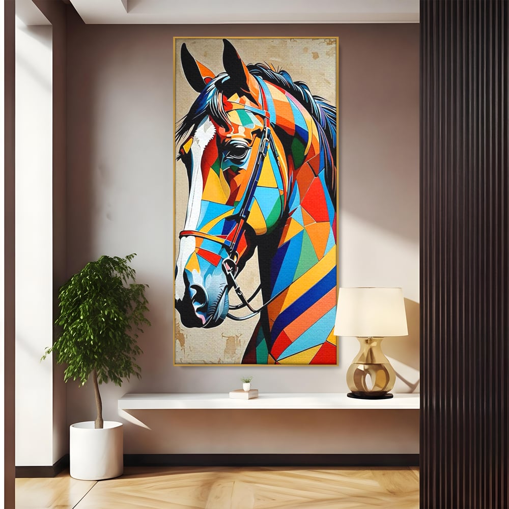 Tablou canvas cu tablou canvas cu armasar geometric colorat, in rama de aluminiu auriu